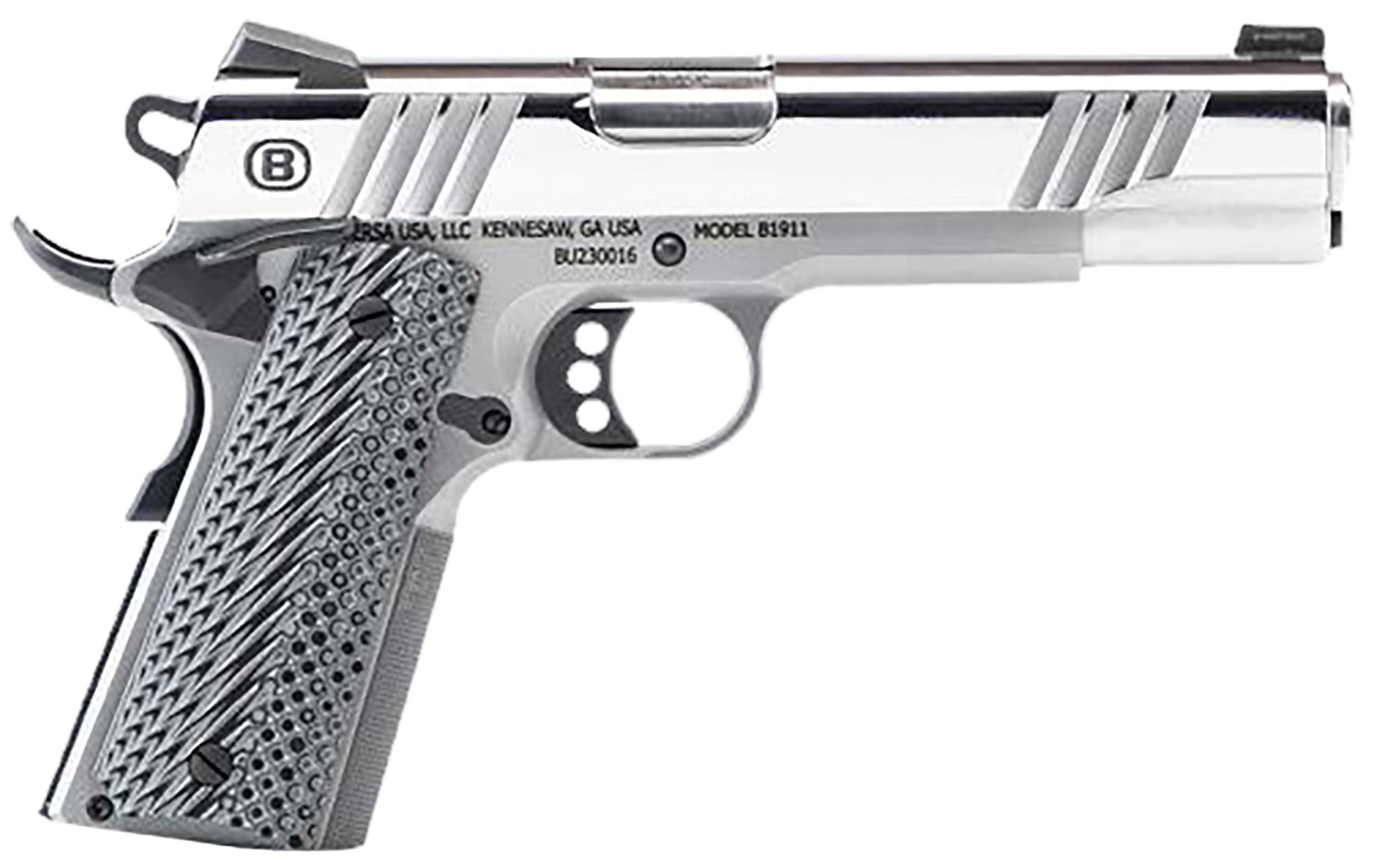 Bersa B19117050PMBG B1911 Mirror Full Size Frame 45 ACP 8+1 5 Stainless Steel Barrel, Polished Stainless Serrated Steel Slide, Stainless Steel Frame w/Beavertail, Gray VZ Grip, Ambidextrous