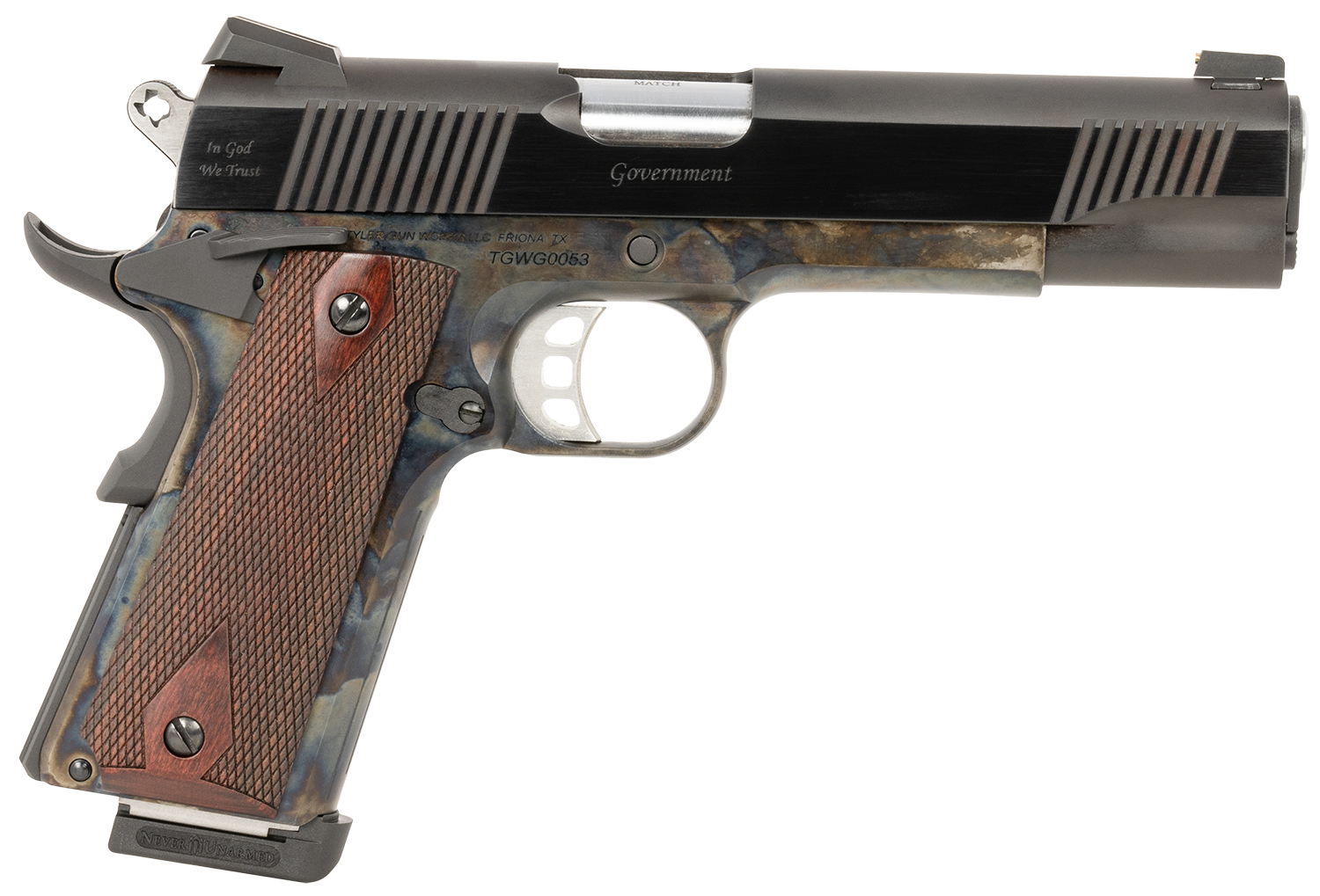Tyler Gun Works TGWGVCC45 Custom 1911 Government Full Size Frame 45 ACP 7+1 5 Stainless Match Grade Barrel, Blued Serrated Steel Slide, Color Case Steel Frame w/Beavertail, Walnut Grip