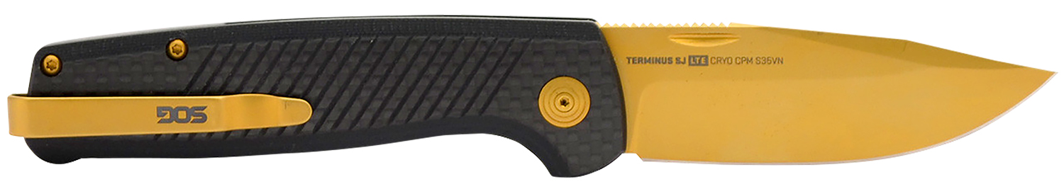 S.O.G SOGTM1007Bx Terminus Sj LTE 2.90" Folding Plain Gold TiNi S35VN SS Blade, Graphite Textured G10 Handle