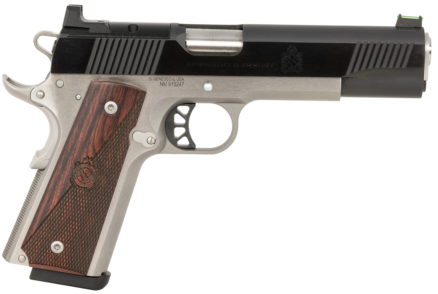 Springfield Armory PX9121LAOS 1911 Ronin 10mm Auto 8+1, 5" Stainless Match Grade Steel Barrel, Blued Serrated Carbon Steel Slide, Stainless Steel Steel Frame w/Beavertail, Crossed Cannon Wood Grip