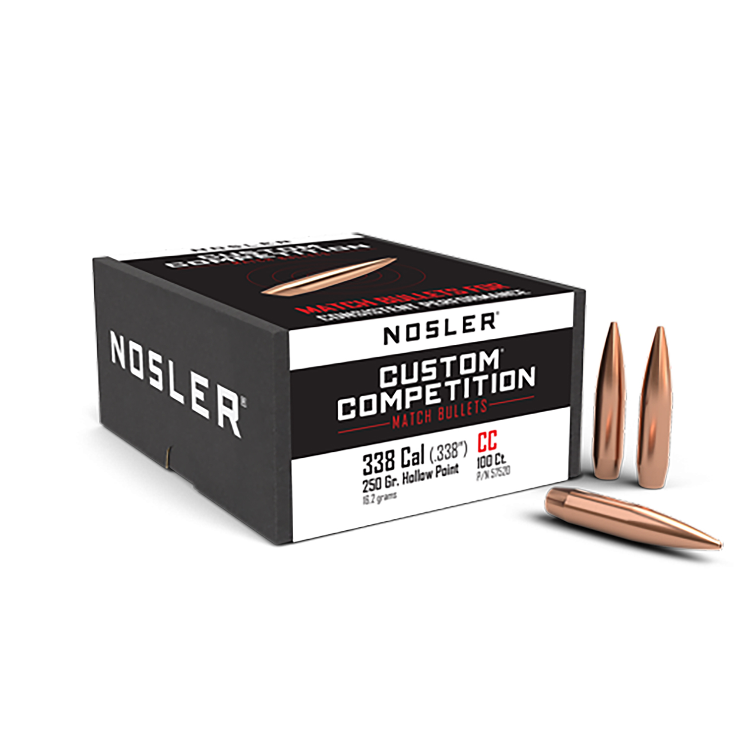 Nosler 57520 Custom Competition 338Cal 250gr Hollow Point Boat Tail 100-Box