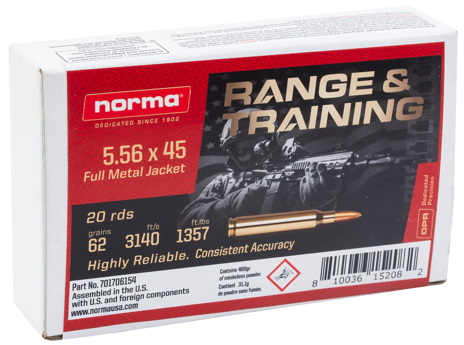 Norma 701706154 5.56x45mm NATO 62gr FMJ Ammo 20/Box