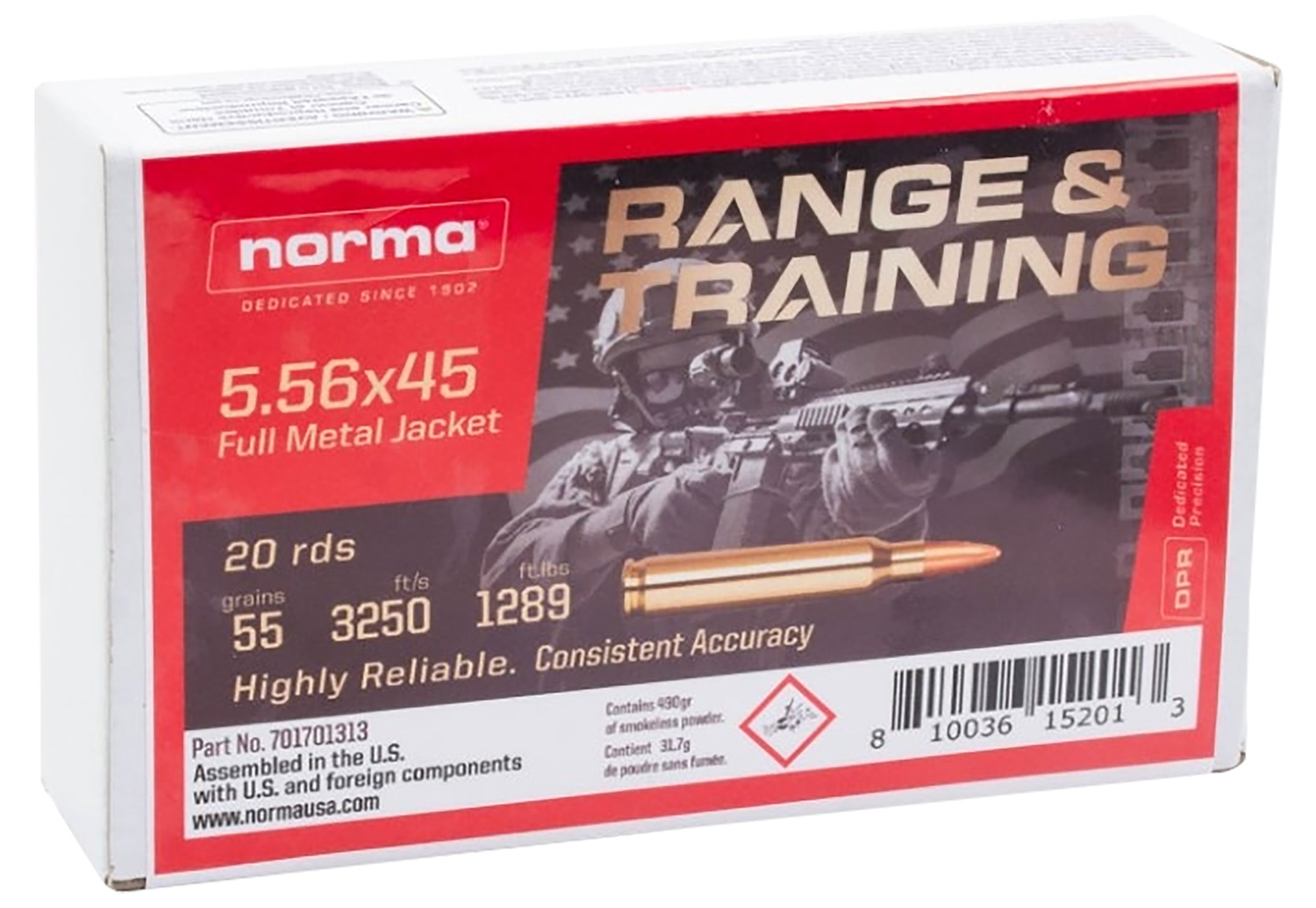 Norma 701701313 5.56x45mm NATO 55gr FMJ Ammo 20/Box 3250fps
