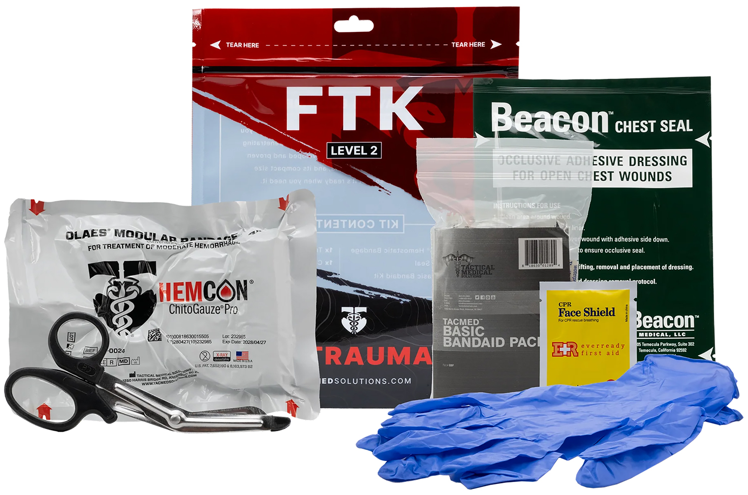 "Field Trauma Kit Level 2: 10"Hx8.13"Wx3.5"D, 0.6lbs - Includes OLAES Bandage, Chest Seal, Basic Bandaid, Shears - TACMED