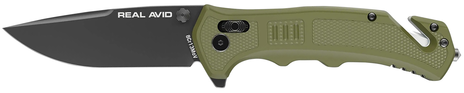 Real Avid AVRAV4 RAV-4 3.25" Folding Drop Point Plain Black Oxide 8Cr13MoV SS Blade, OD Green Textured GFN Handle, Clams