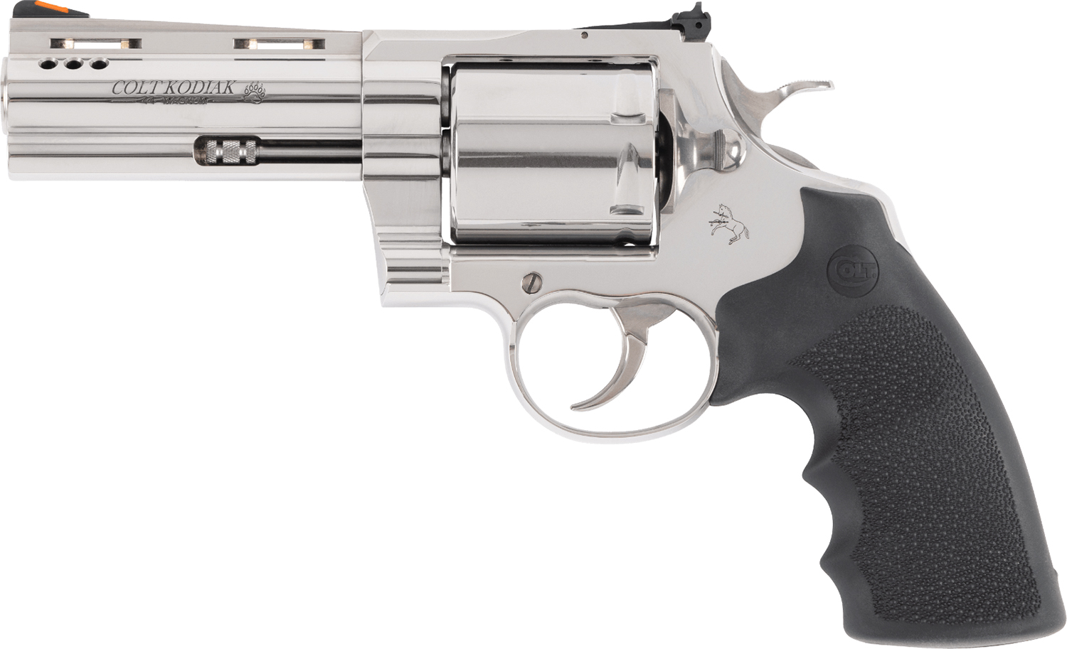 Colt Mfg KODIAKSP4RTS Kodiak  44 Mag 6rd 4.25" Polished Ported Vent Rib Barrel & Cylinder, Recessed Target Crown Muzzle, Polished Stainless Steel Frame, Black Hogue Overmolded Grip, Exposed Hammer