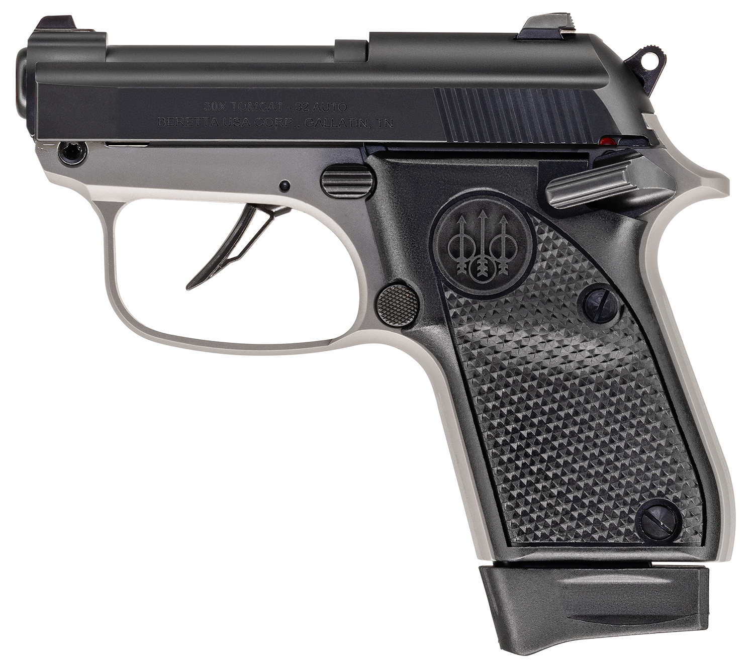 Beretta 30X Tomcat 32 ACP 8+1 Tip-Up Barrel - Superb Easy Loading Pistol 4 Beretta 30X Tomcat 32 ACP pistol, left side, showing the black slide, Inox frame and Helica textured grips