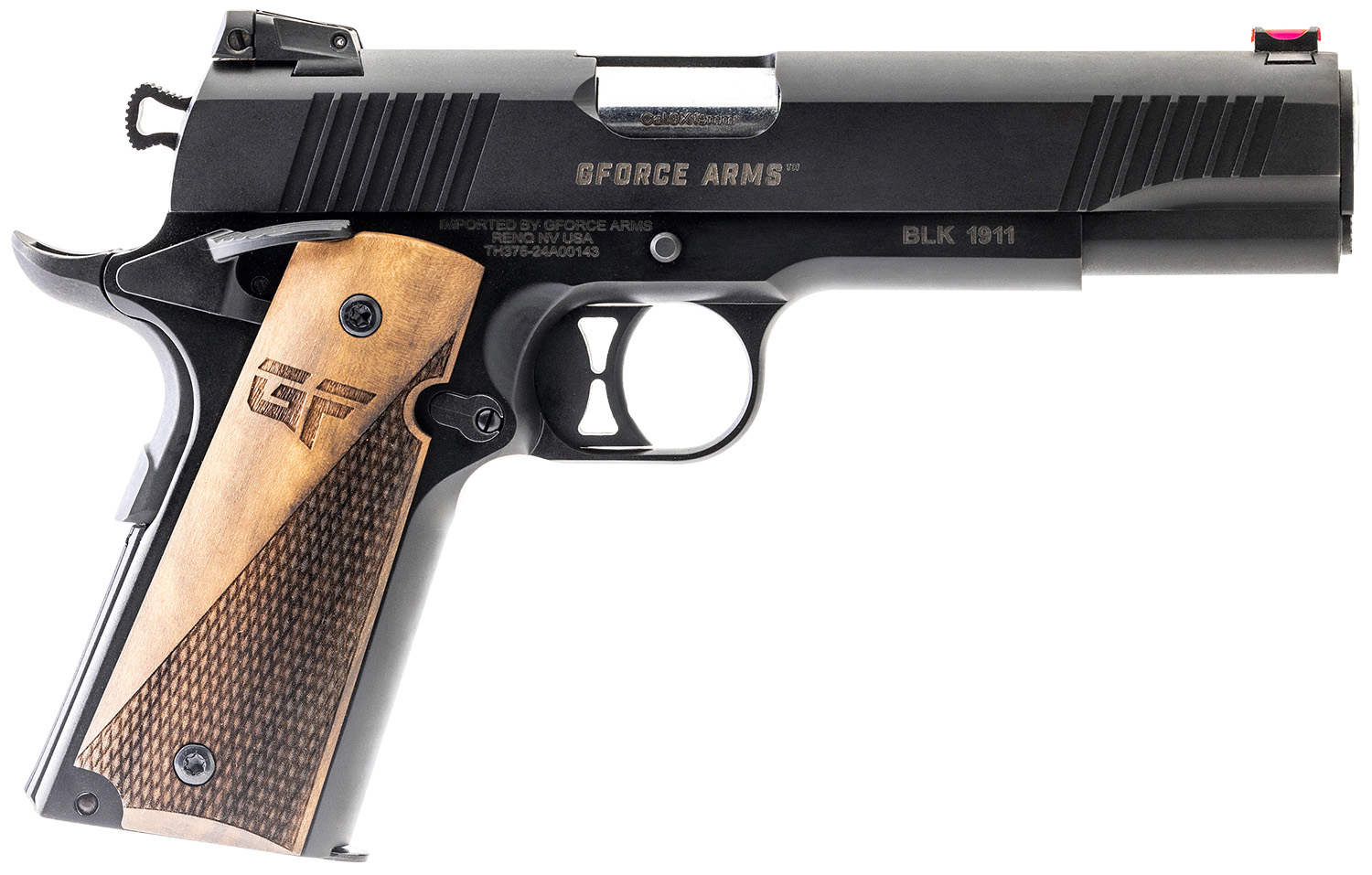 Gforce Arms GF199BW Chronicle 1911 9mm Luger 9+1 5 Stainless Steel Barrel, Black Serrated Steel Slide, Black Cerakote Aluminum Frame, Turkish Walnut Grip
