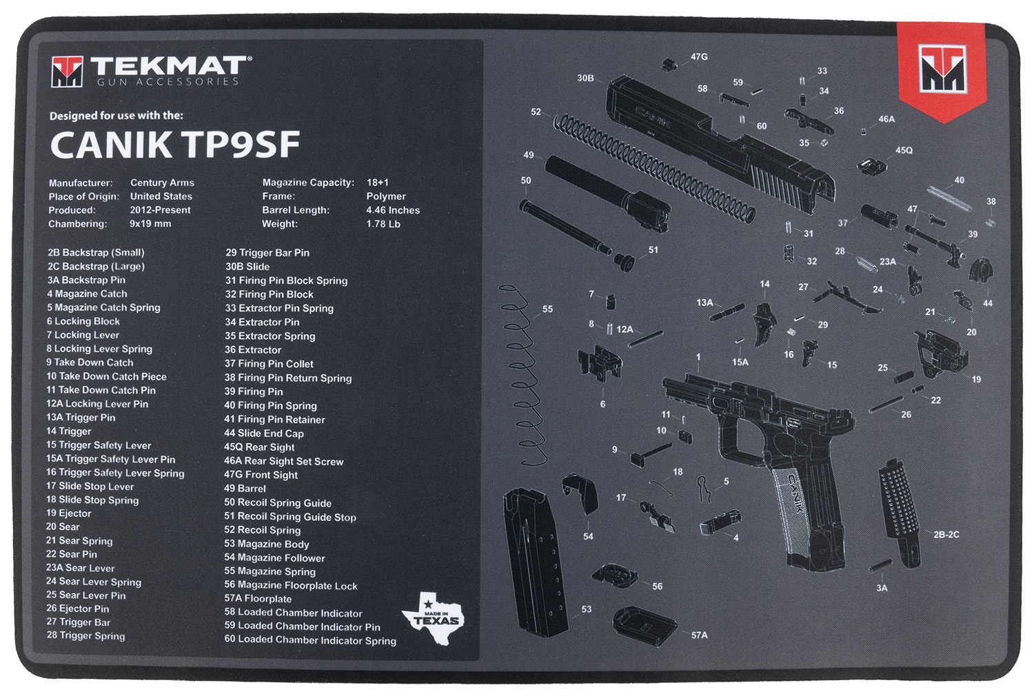 TekMat TEKR17CANIKTP9Sf Canik TP9Sf Cleaning Mat Black/Gray Thermoplastic Fiber Top W/Vulcanized Rubber Back 17" Long