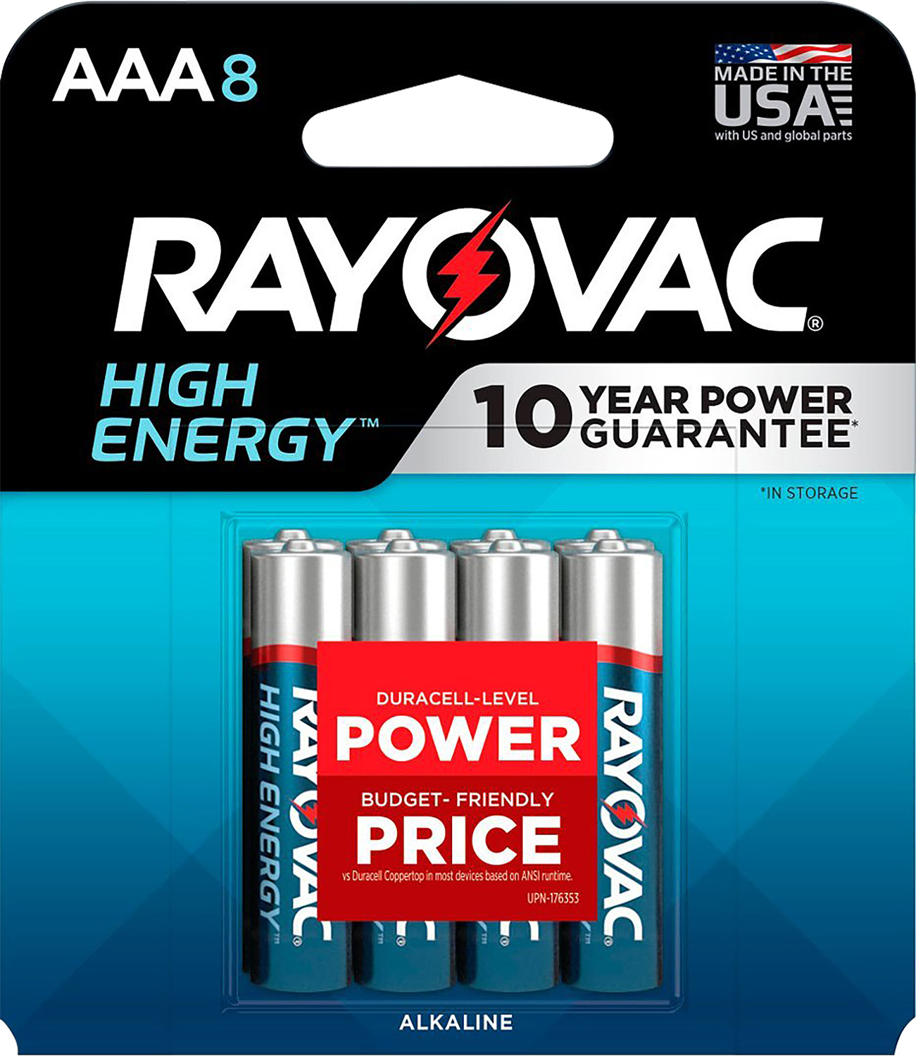 Rayovac 8248T102 AAA HIGH ENREGY Alkaline Batteries Silver/Blue 1.5 Volts 1,123 mAh (8) Single Pack