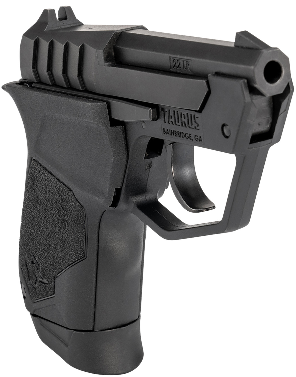 Taurus 22TUC Black 22 LR 9+1 Tip-Up — Superb Micro-Compact Pistol 3 Taurus 22TUC Black 22 LR micro-compact pistol, angled view showing the matte black tip-up barrel, serrated slide and polymer frame
