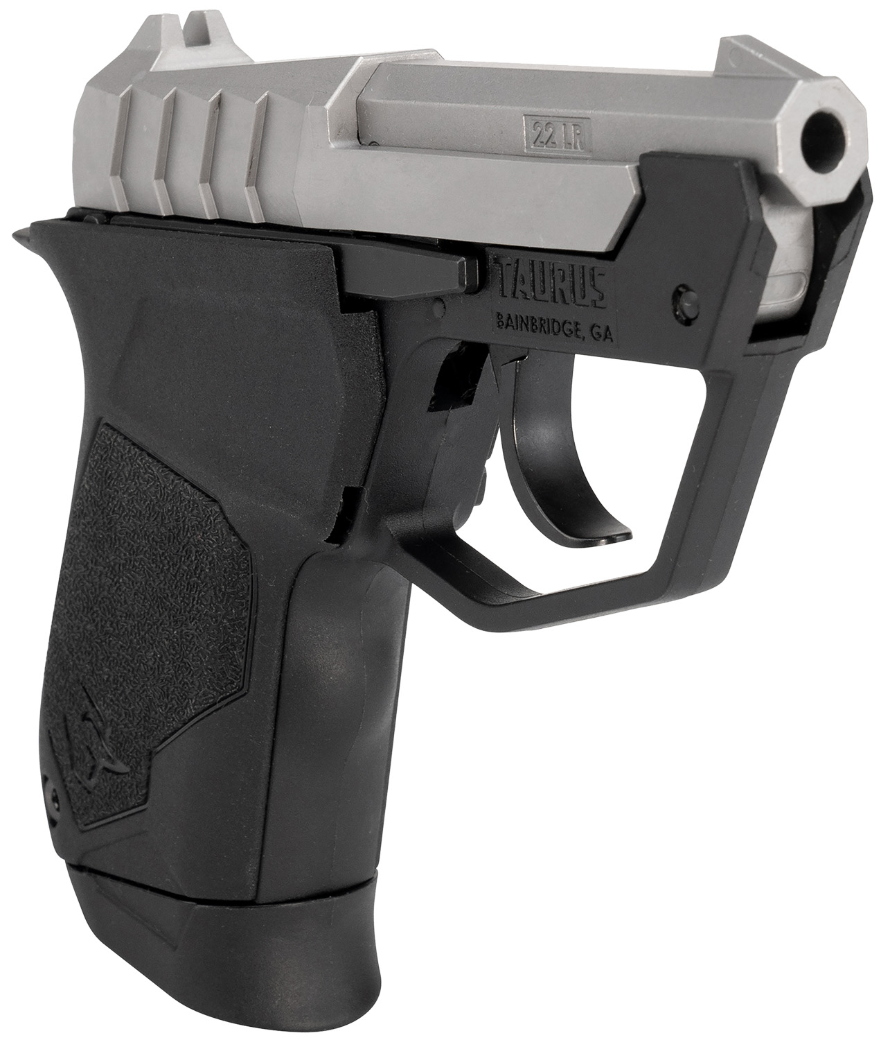 Taurus 22TUC Stainless 22 LR 9+1 Tip-Up — Superb Micro-Compact Pistol 3 Taurus 22TUC Stainless 22 LR pistol, angled view showing the matte stainless tip-up barrel and slide over a black polymer frame