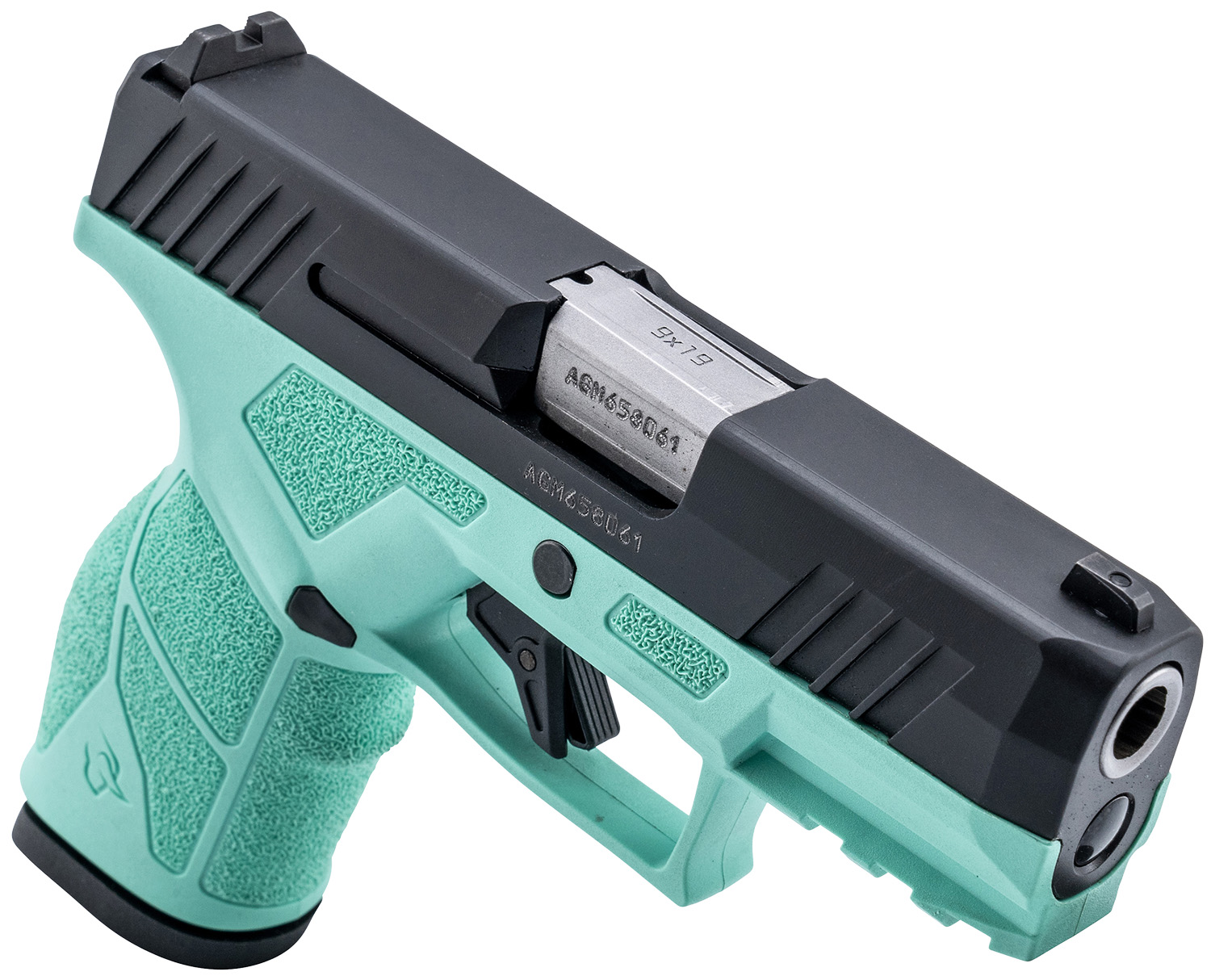 Taurus GX2 Cyan 9mm Compact 13+1 3.37in — Superb Value Carry Pistol 4 Taurus GX2 Cyan 9mm compact pistol, angled view showing the matte black slide on a cyan polymer frame with accessory rail
