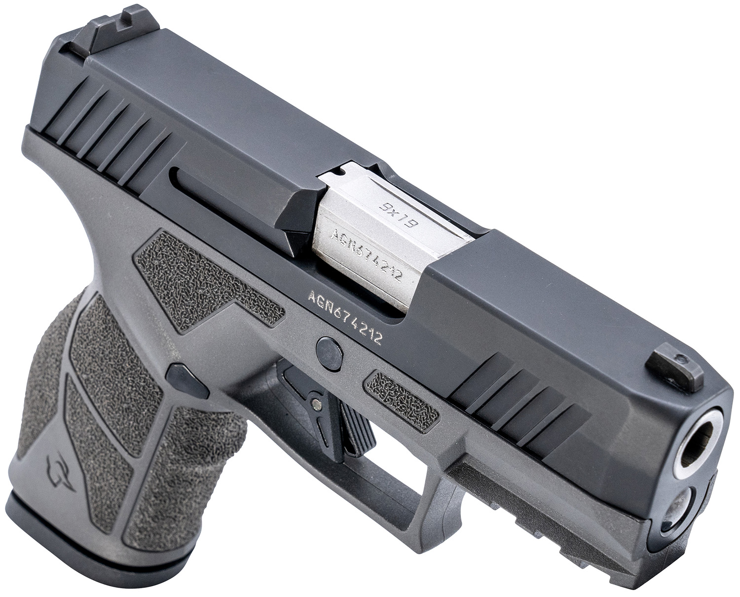 Taurus GX2 Grey 9mm Compact 13+1 3.37in — Superb Carry Pistol 3 Taurus GX2 Grey 9mm compact pistol, angled view showing the matte black slide on a grey polymer frame with accessory rail