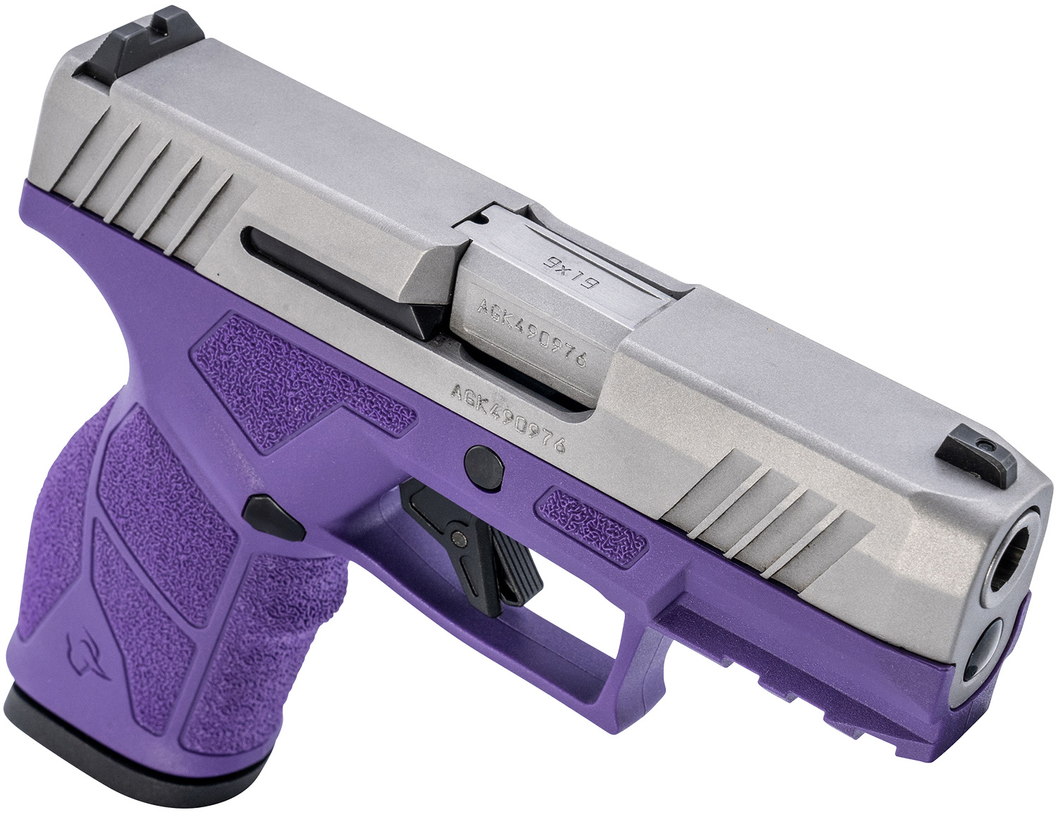 Taurus GX2 Purple Stainless 9mm Compact 13+1 — Superb Two-Tone Pistol 3 Taurus GX2 Purple Stainless 9mm compact pistol, angled view showing the matte stainless slide over a dark purple polymer frame