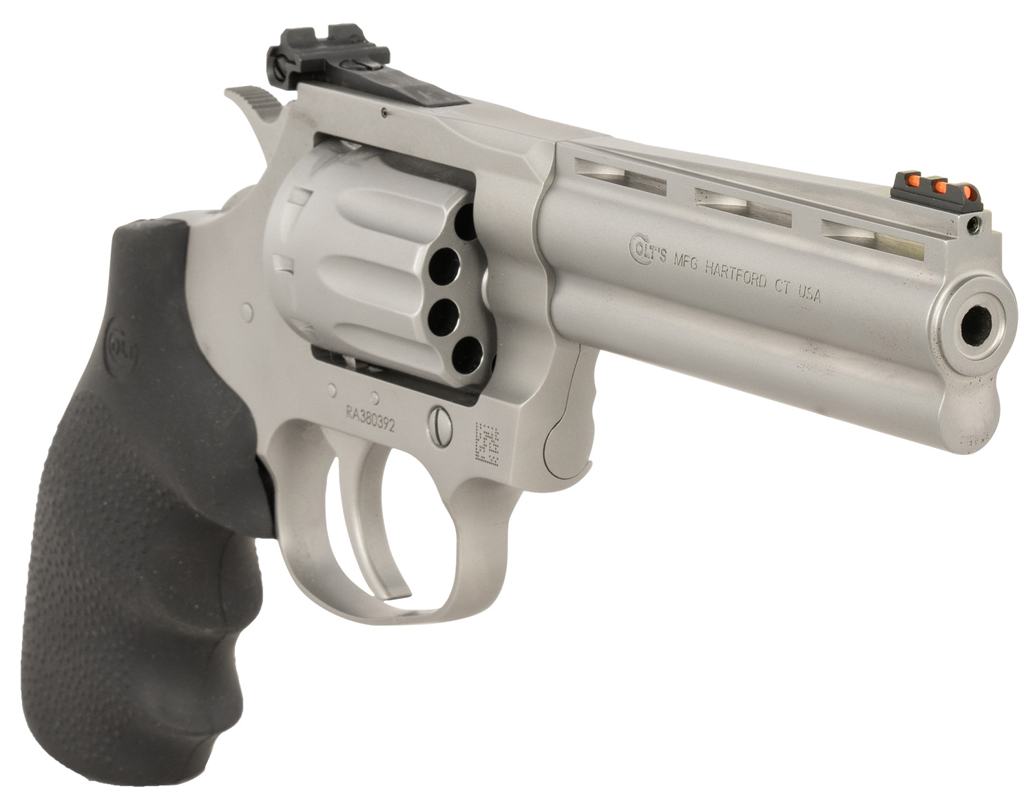 Colt King Cobra Target Matte Stainless 22 LR 4.25 in. – Superb 10 Shot 4 Colt King Cobra Target Matte Stainless 22 LR revolver muzzle forward view showing fiber optic front sight and vent rib