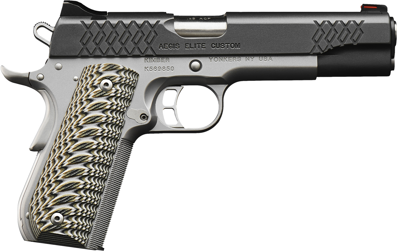 Kimber Aegis Elite Custom 9mm: Distinctive AEX Slide Serrations, Bright Fiber Optic Sights, G-10 Grips
