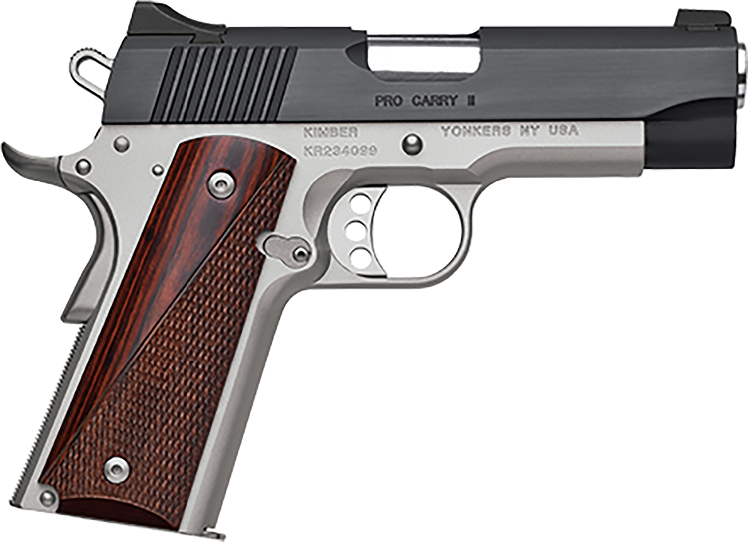 Kimber Mfg, Inc 3200320 Pro Carry II  45 ACP 7+1 4" Stainless Match Grade Barrel, Matte Black Brushed Serrated Steel Slide, Satin Silver Aluminum Frame w/Beavertail, Rosewood Grip