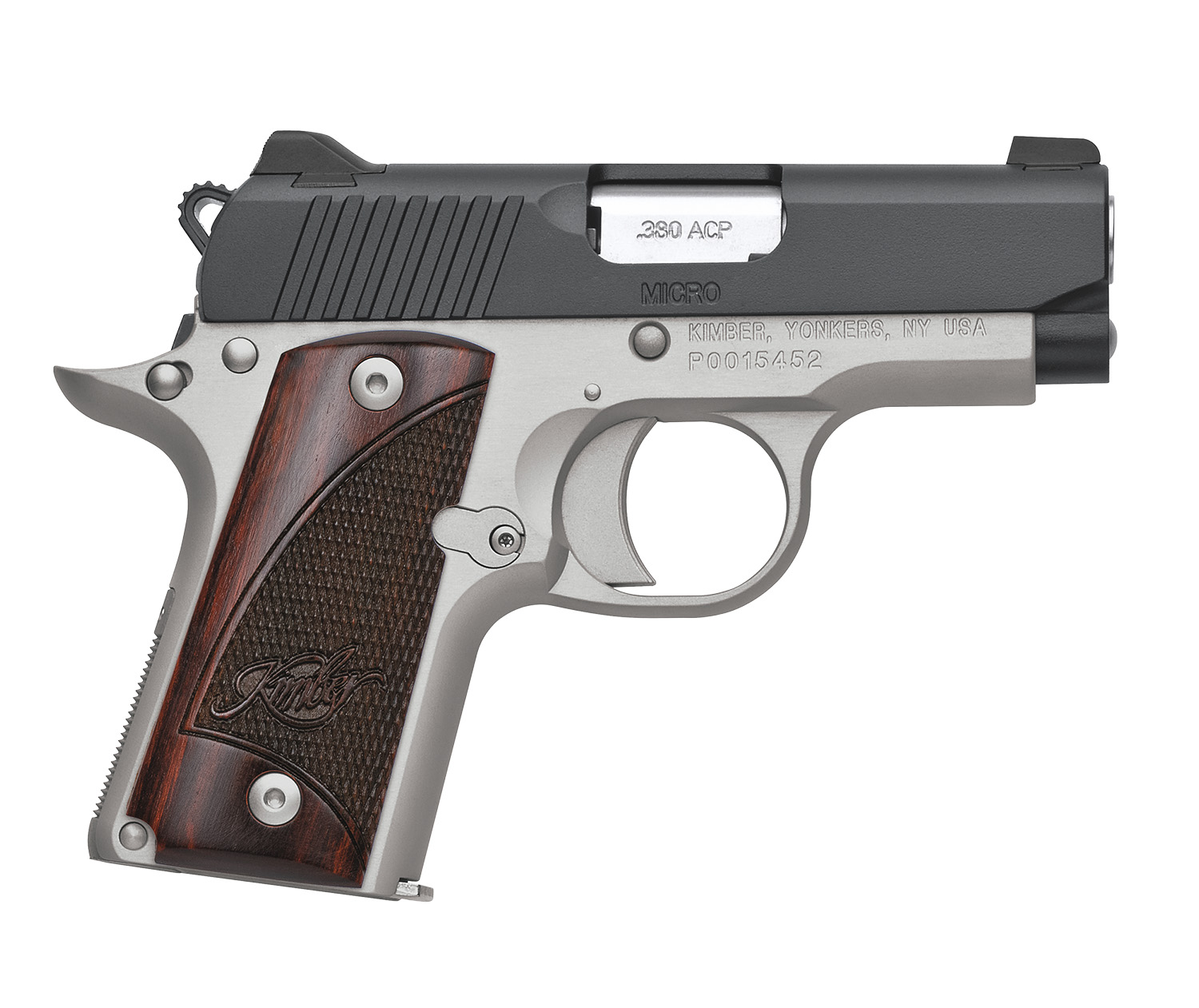 Kimber Mfg.,inc 3300206 Micro Two-Tone NS 380 ACP 7+1 2.75" Matte Black  Stainless Steel Slide Brush Polished Checkered Rosewood Grip