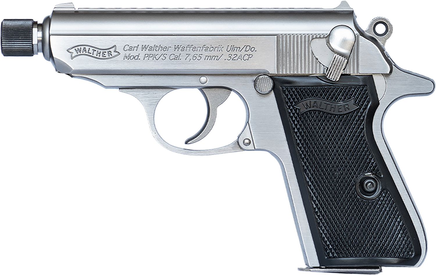 Walther Arms 4796044 PPK/S  Carry Frame 32 ACP 7+1 3.30 Stainless Steel Threaded Barrel, Stainless Serrated Steel Slide, Stainless Aluminum Frame w/Beavertail, Textured Polymer Grip