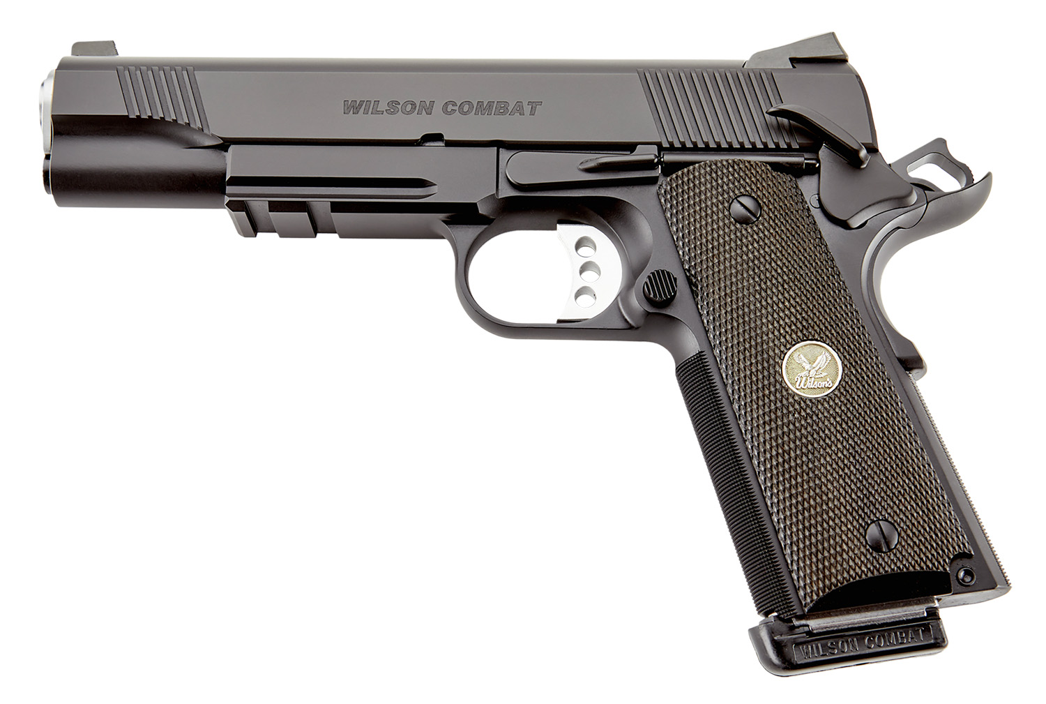 Wilson Combat CQBLRCAALLBLACK CQB *CA Compliant Full Size Frame 45 ACP 8+1 5" Carbon Steel Slide Diamond Wood w/ Pewter Medallions Grip