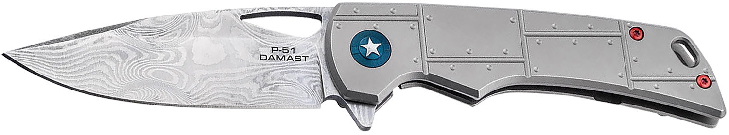 Boker 01BO910DAM P-51 Damast 3.35" Drop Point Plain Silver Acid Etch Da...