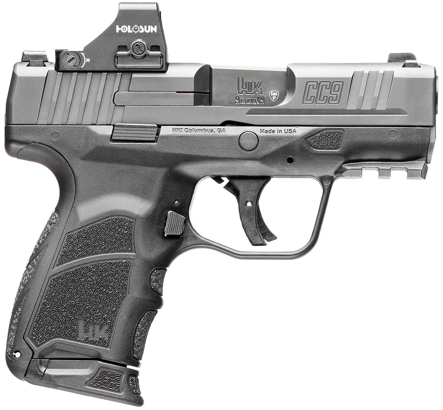 HK 81001131 CC9  9mm Luger 10+1/12+1 3.32" Black Polygonal Rifled Barrel, Optic Ready RMSc/407k Footprint/Serrated Steel Slide, Polymer Frame w/Picatinny Rail, Black Interchangeable Backstrap Grip