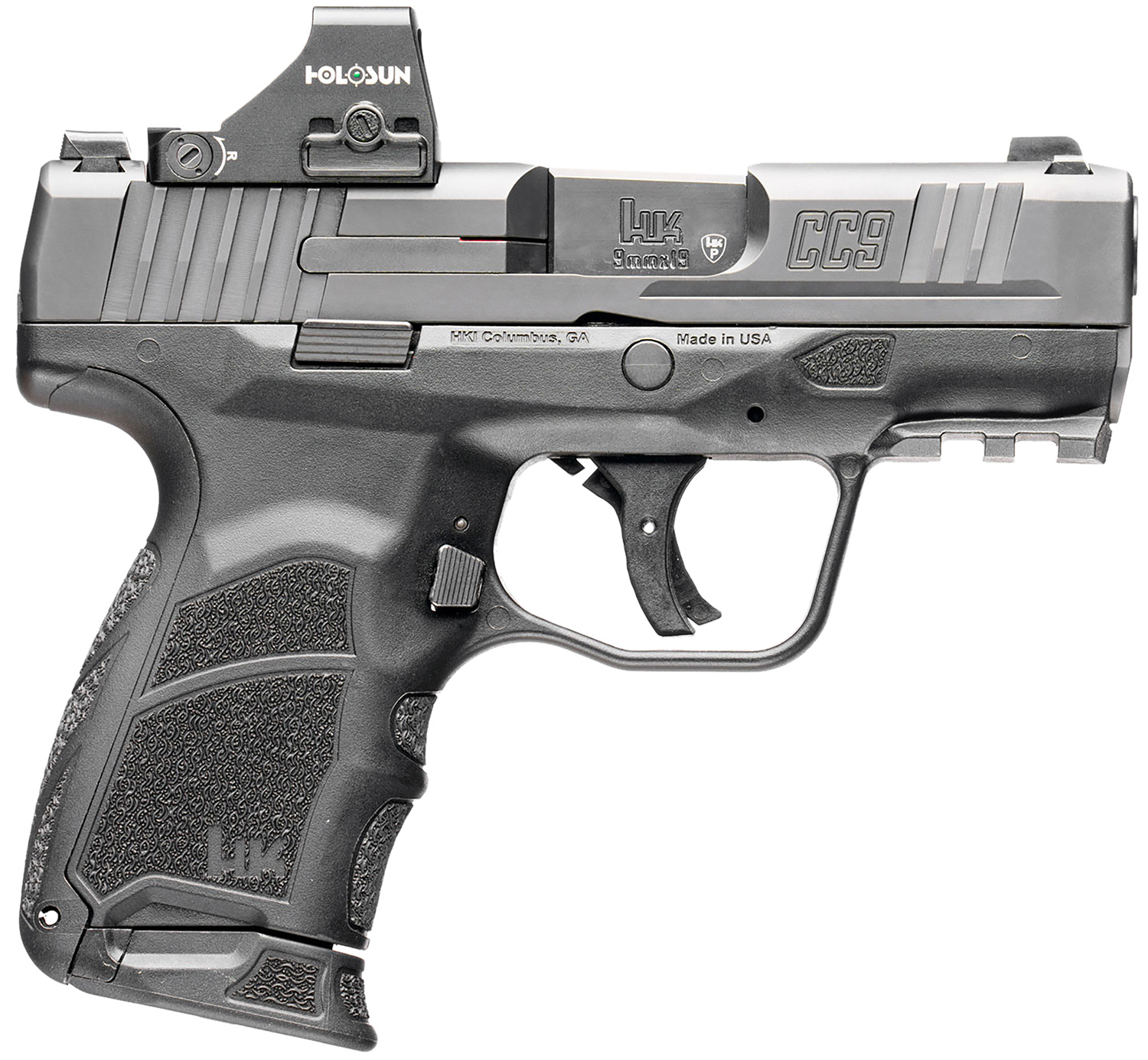HK 81001132 CC9  9mm Luger 10+1 3.32" Black Polygonal Rifled Barrel, Optic Ready RMSc/407k Footprint/Serrated Steel Slide, Polymer Frame w/Picatinny Rail, Black Interchangeable Backstrap Grip