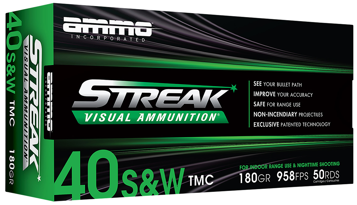 Ammo Inc 40180TMCSTRKGRN50 Streak Visual (Green) 40S&W 180Gr Total Metal Case 50 Per Box/20 Case