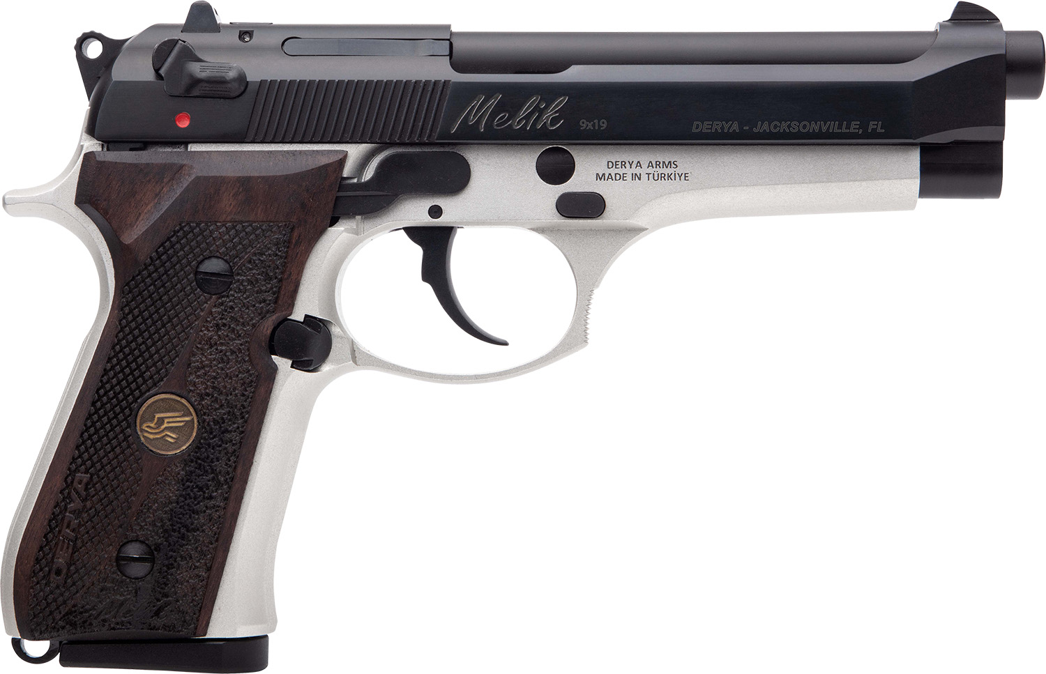 Derya Firearms 15LTTMELIK9TR Melik  9mm Luger 15+1 4.90" Black Melonite Steel Barrel, Black Melonite Serrated Steel Slide, Silver Anodized Aluminum Frame, Dark Walnut Grip