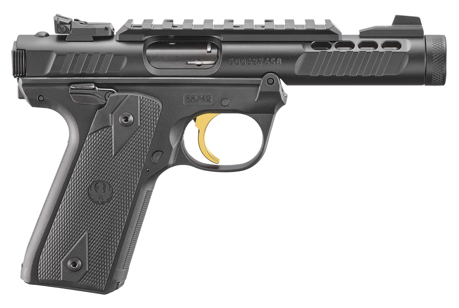 Ruger 43956 Mark IV 22/45 Lite 22 LR 10+1 4.40" Stainless Threaded Barrel, Black Anodized Serrated Slide w/Picatinny, Black Anodized Polymer Frame, Black Checkered 1911-Style Grip