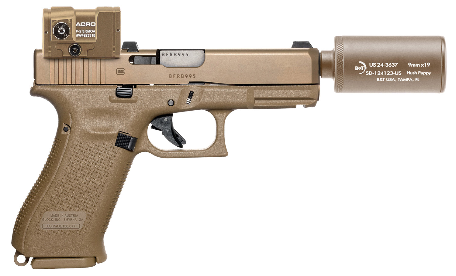 B&T Firearms HUSHPUPPYKITCTCSTM Hush Puppy Kit 9mm Luger 15+1 4 Stainless Threaded Barrel, Coyote Tan Receiver & Textured Grip, Includes Aimpoint Acro P-2 Red Dot, Suppressor & 2 Mags