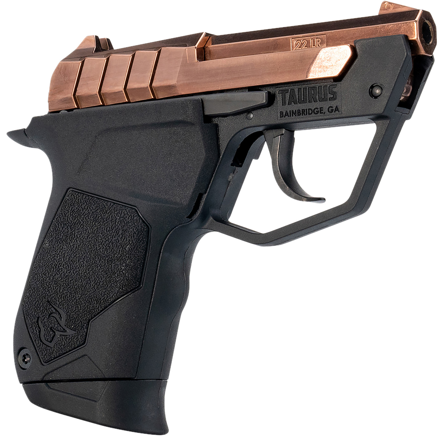 Taurus 22TUC Rose Gold 22 LR 9+1 Tip-Up — Superb Micro-Compact Pistol 3 Taurus 22TUC Rose Gold 22 LR micro-compact pistol, angled view showing the rose gold PVD tip-up barrel and slide on a black polymer frame