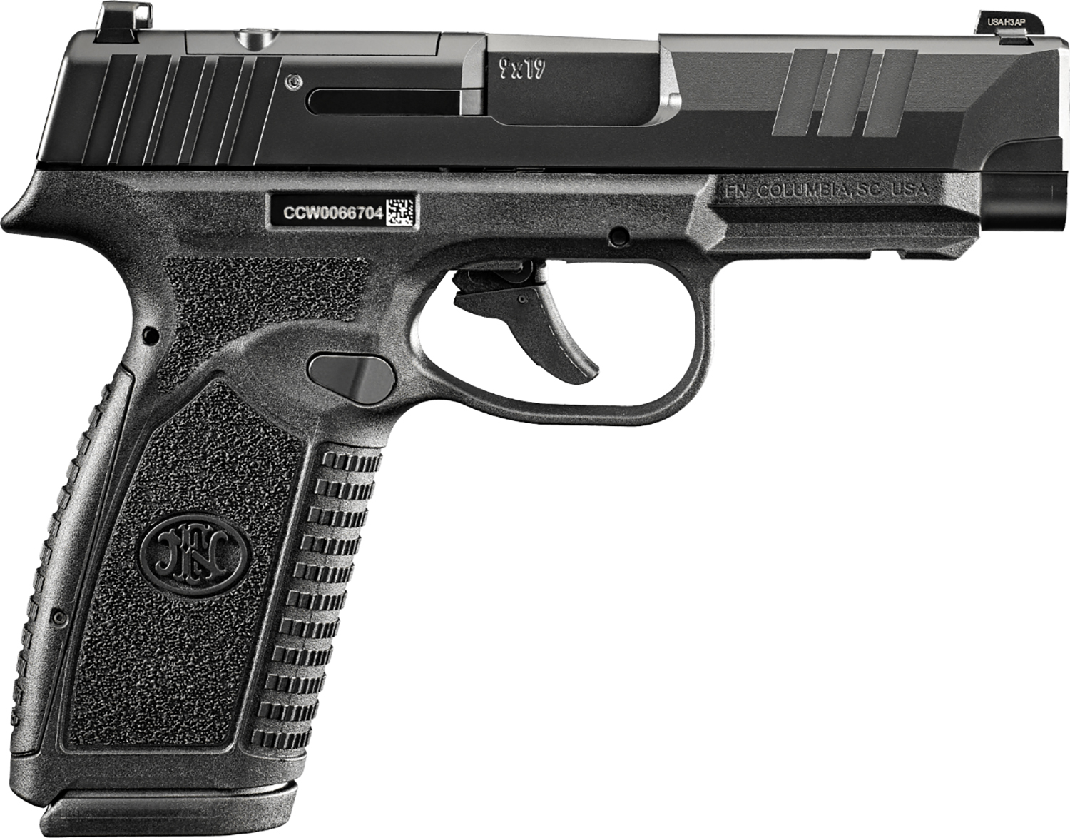 FN 66101759Micro-Compact Frame 9mm Luger 18+1 3.80" Black Target Crown Steel Barrel, Black PVD Optic Cut/Serrated Stainless Steel Slide & Polymer Frame w/Picatinny Rail, Interchangeable Backstrap Grip