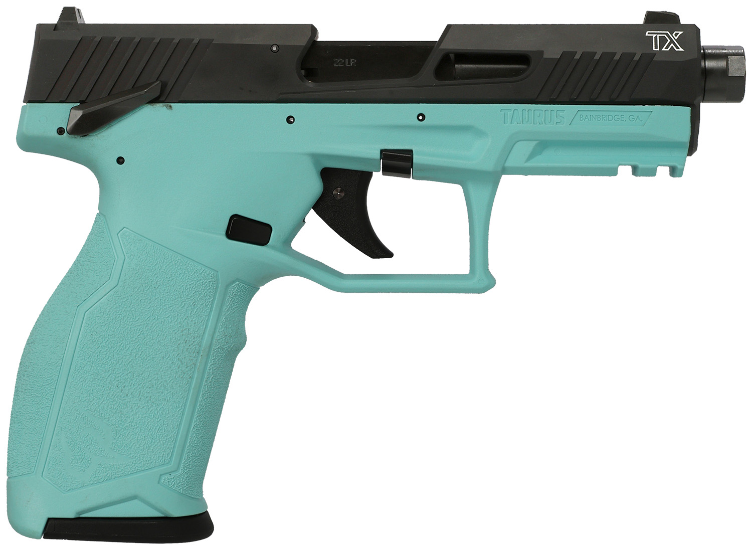 Taurus 1-2TX22141C-10 2TX  Full Size Frame 22 LR 10+1 4.60" Matte Black Threaded Barrel, Black Anodized Serrated Slide, Matte Cyan Polymer Frame w/Picatinny Rail, Textured Grip