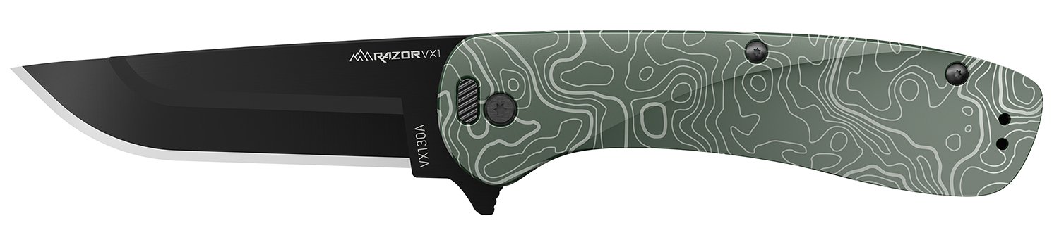 Outdoor Edge Razor VX1, Folding Knife, Plain Edge, 3 Blade Length, 7.3 Overall Length, 420J2 Stainless Steel, Includes (2) Standard Plain Edge and (1) Partially Serrated Blade, Anodized Green Finish, Aluminum Scales, Stainless Steel Blade Holder, Rev
