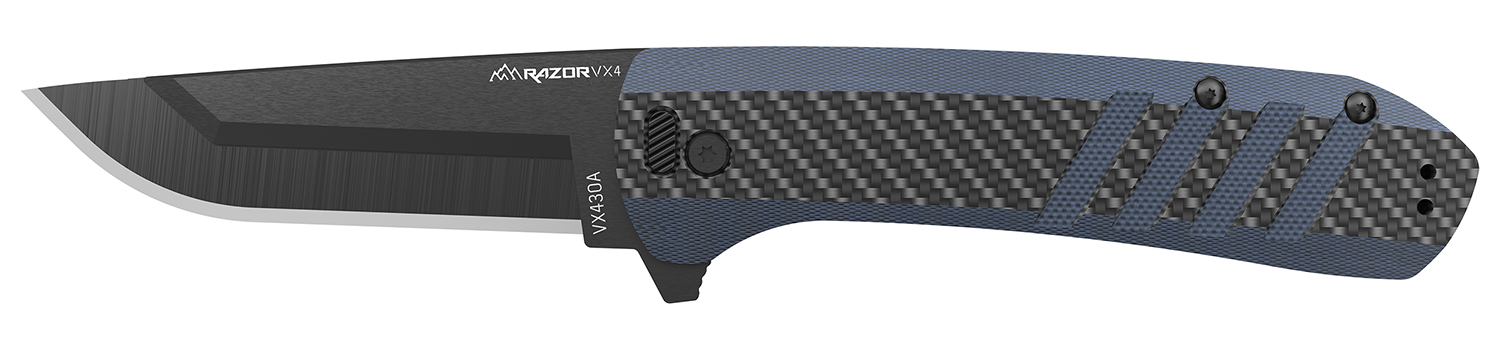 Outdoor Edge Razor VX4, Folding Knife, Plain Edge, 3 Blade Length, 7.5 Overall Length, 420J2 Stainless Steel, Includes (3) Standard Plain Edge and (1) Partially Serrated Blade, Black Oxide Finish, Carbon Fiber & Blue Scales, Ceramic Ball Bearing Syst