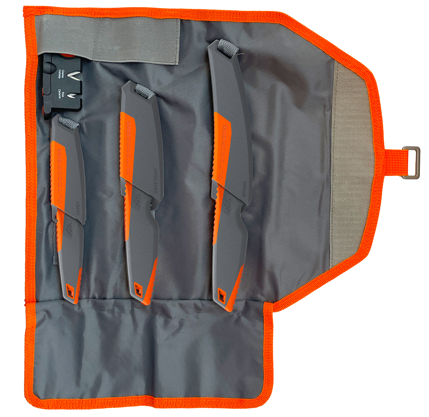 Outdoor Edge Vantex, 4-Piece Roll Pack Kit, Fixed Blade Knives, Gray & Orange Rubber Overmolded Handles, Includes (1) Drop Point, (1) Boning, (1) Caping, (1) Sharpener VNTX4-C
