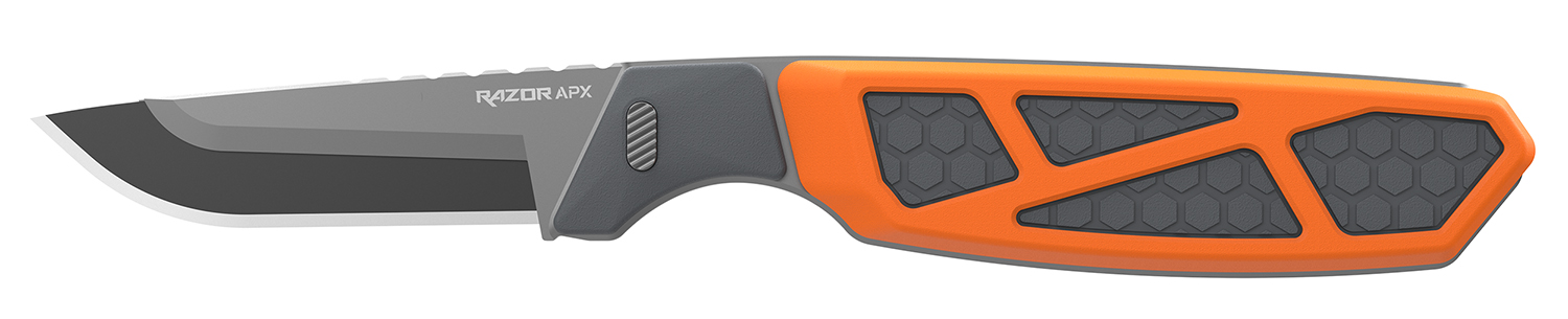 Outdoor Edge Razor APX, Fixed Blade Knife, Plain Edge, 2.5 Blade Length, Includes (5) 5 Drop Point Blades, Matte Finish, Orange Titanium Coated Removeable Blade Storage Scales APX25-5C