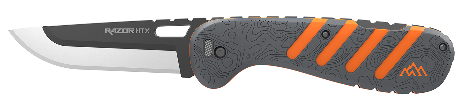Outdoor Edge Razor HTX, Folding Knife, Plain Edge, 3.5 Blade Length, Includes (5) Drop Point Blades, (1) Gutting Blade, (1) Saw Blade Pod, Matte Finish, Orange and Gray Rubberized Aluminum Handle HTX35Y-6C