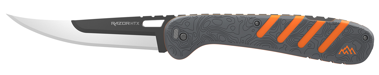 Outdoor Edge Razor HTX, Folding Knife, Plain Edge, 5 Blade Length, Includes (3) Drop Point Blades, (2) Black Bone Blades, (1) Gutting Blade, (1) Saw Blade Pod, Matte Finish, Orange and Gray Rubberized Aluminum Handle HTX50Y-6C