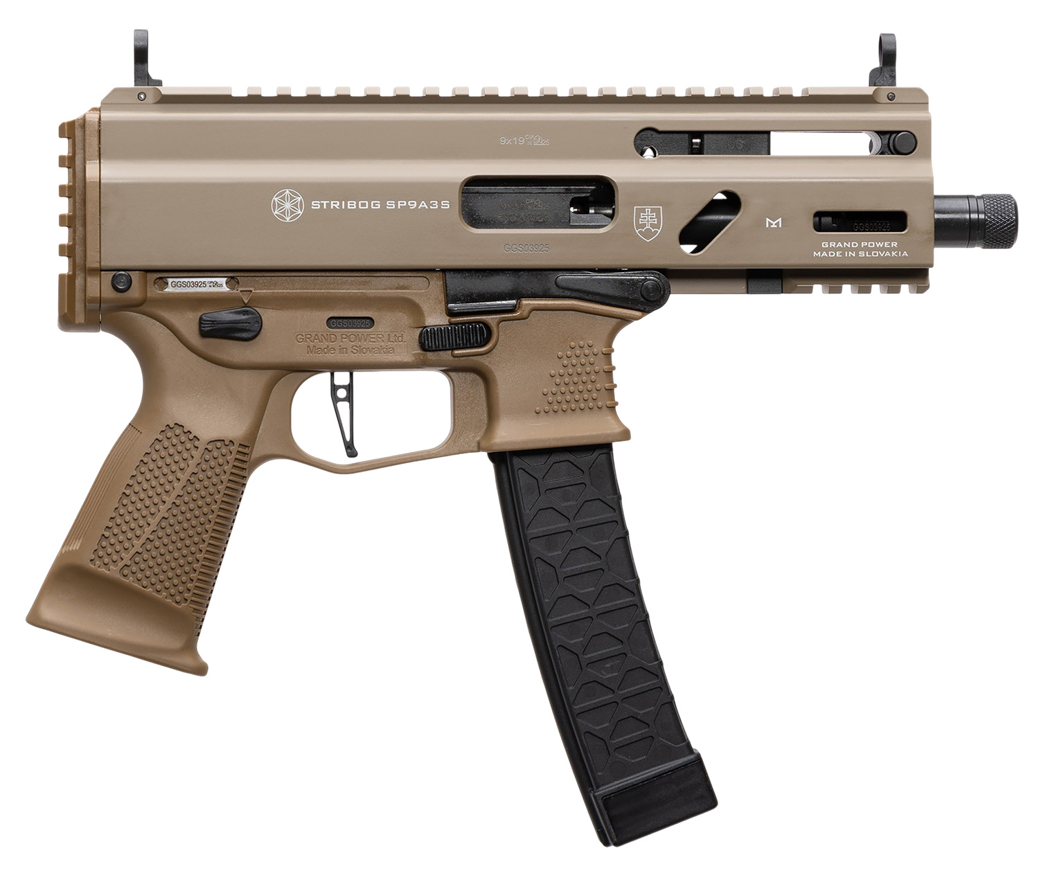 Grand Power Stribog SP9A3S, Semi-automatic, Aluminum Frame Pistol, 9MM, 5 Barrel, Threaded 1/2X28, Matte Finish, Flat Dark Earth, M-LOK Rail, Manual Safety, Non-Reciprocating Charging Handle, 30 Rounds, 3 Magazine 197892004787