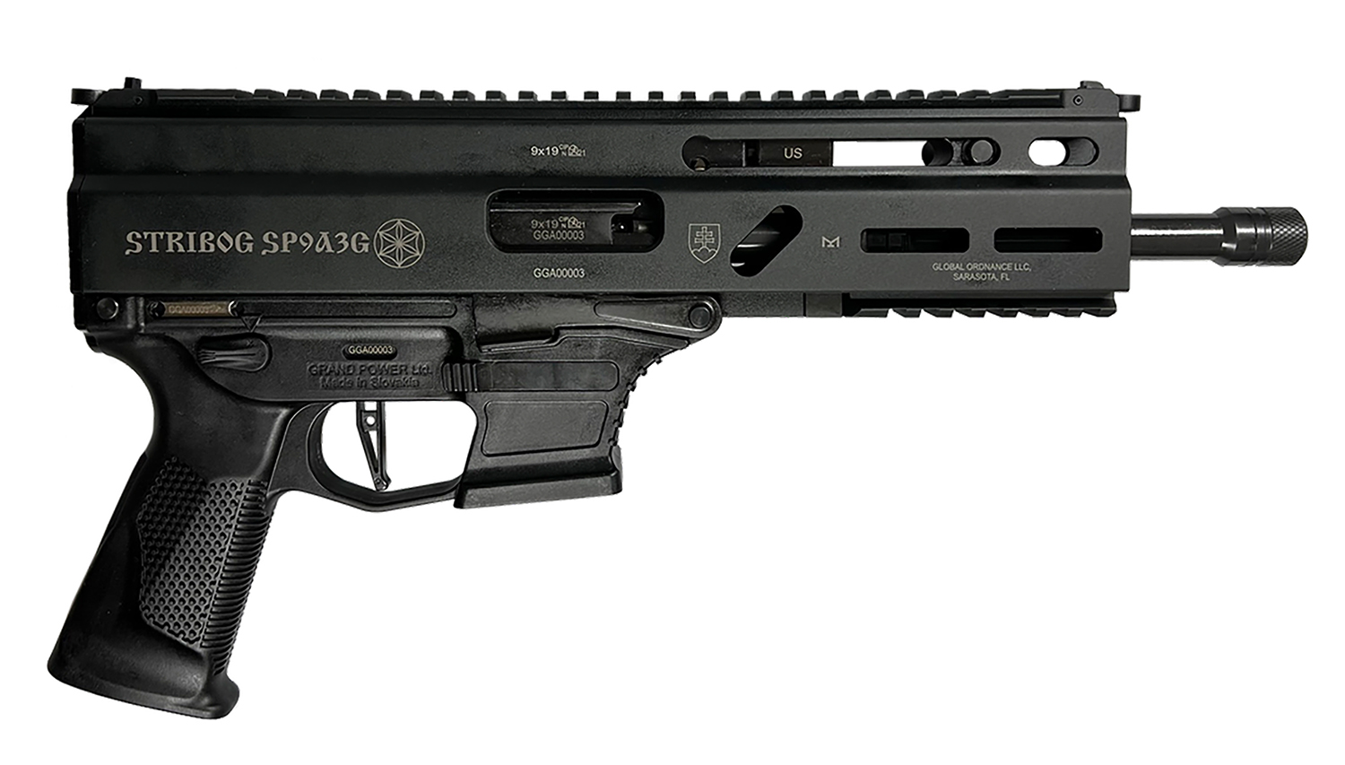 Grand Power Stribog SP9A3G, Semi-automatic Rifle, 9MM, 16 Threaded Barrel, 1/2X28 Thread Pitch, Ambidextrous Controls, Fixed Stock, M-LOK Handguard, Matte Finish, Black, 10 Rounds, 3 Magazines, California Compliant 810091158180