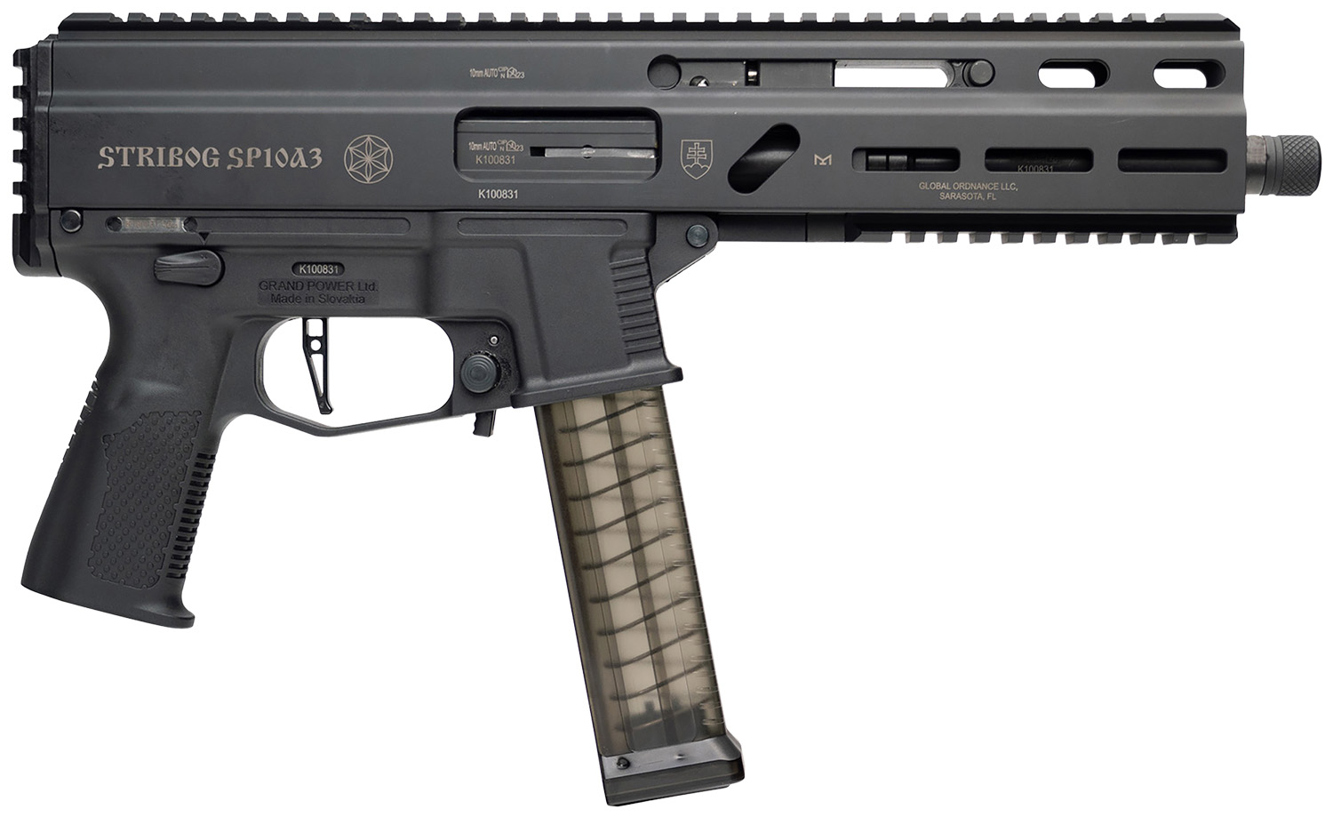 Grand Power 810091157152 SP10A3 Stribog 10mm Auto 20+1 8 Black Threaded Barrel, Black Aluminum Picatinny Rail Receiver, Black Polymer Grip, Thread Protector