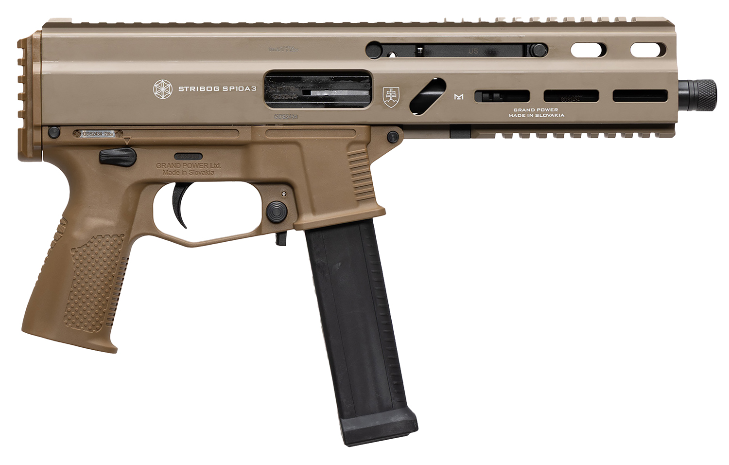 Grand Power Stribog SP10A3, Semi-automatic, Aluminum Frame Pistol, 10MM, 8 Barrel, Matte Finish, Flat Dark Earth, M-LOK Rail, Manual Safety, 20 Rounds, 3 Magazines 197892004800