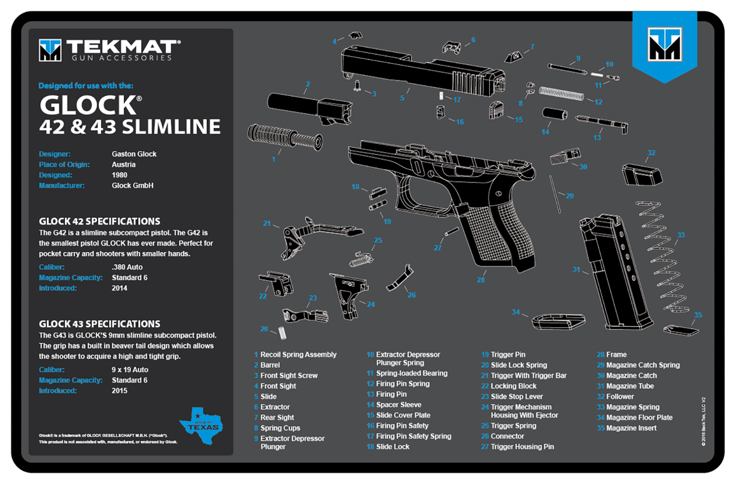 TekMat TEKR17GLOCK4243BL Glock 42/43 Cleaning Mat Black/Blue/White Rubber 11"x17" Glock 42/43 Parts Diagram