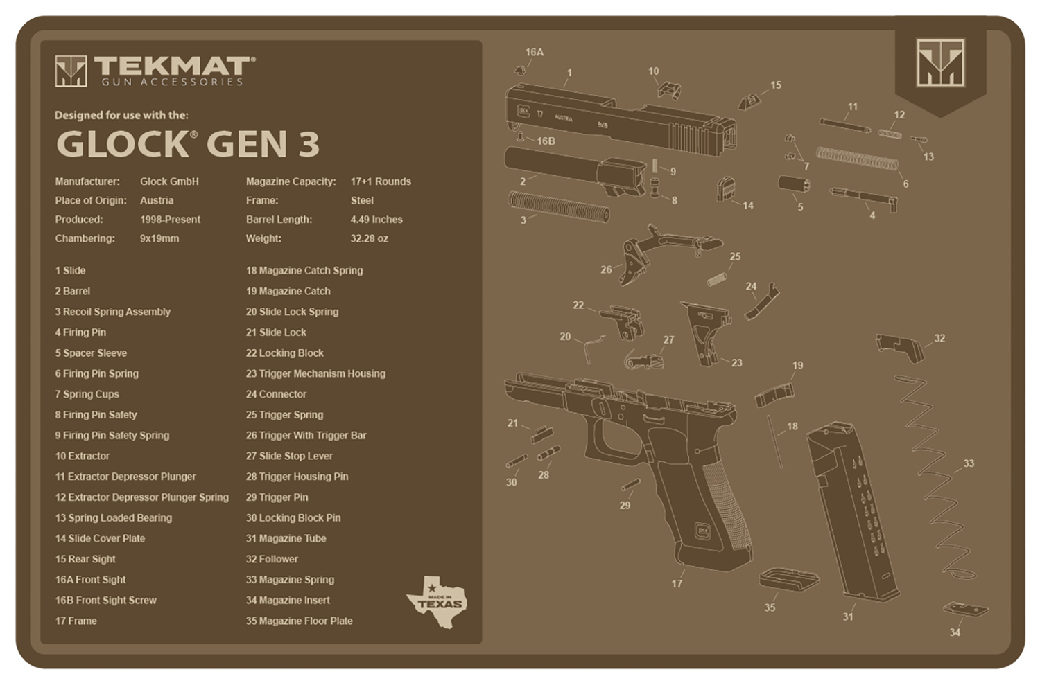 TekMat TEKR17GLOCKG3FDE Glock Gen 3 Cleaning Mat Flat Dark Earth Rubber ...