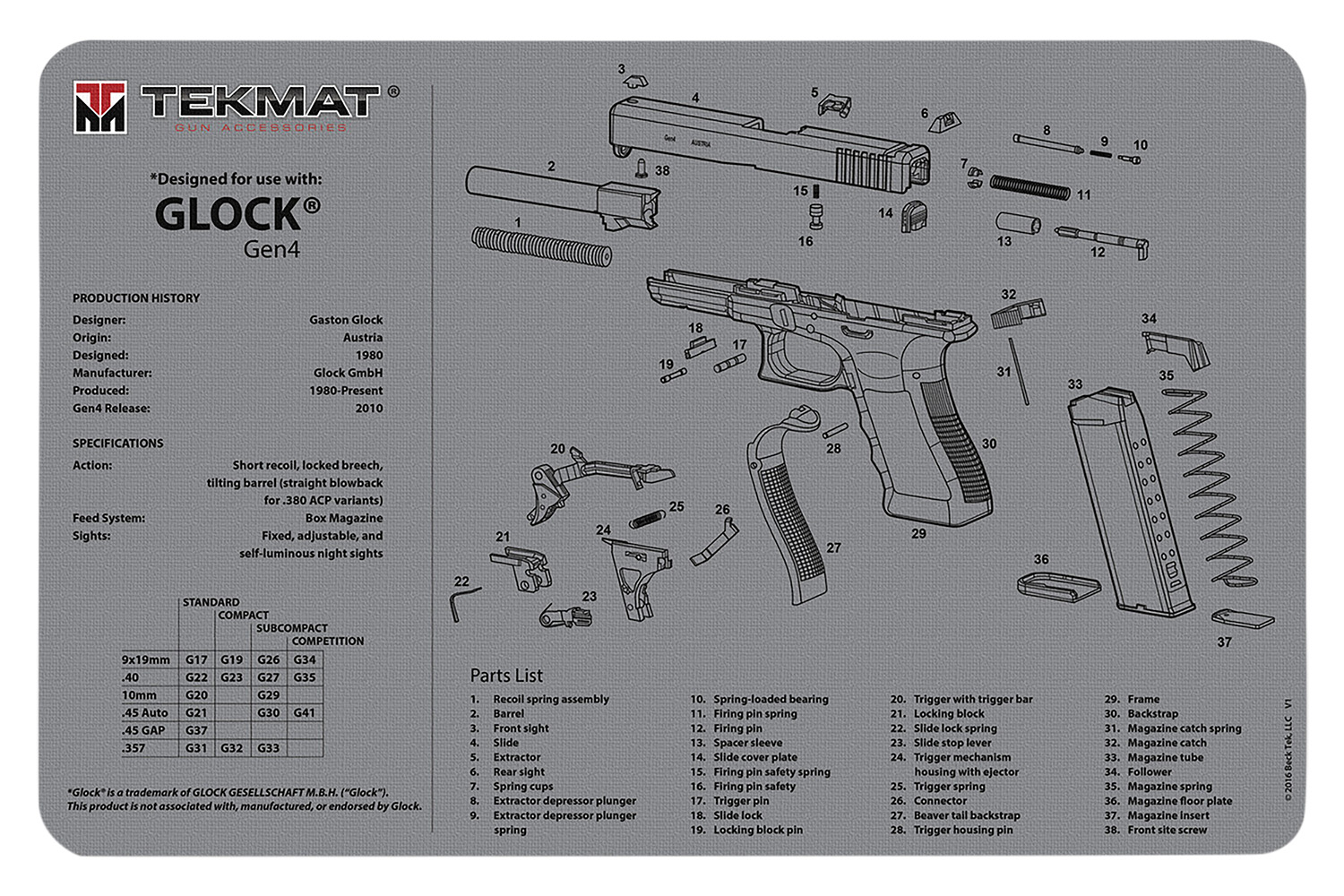 TekMat TEKR17GLOCKG4GY Glock Gen 4 Cleaning Mat Gray Rubber 11" X 17"