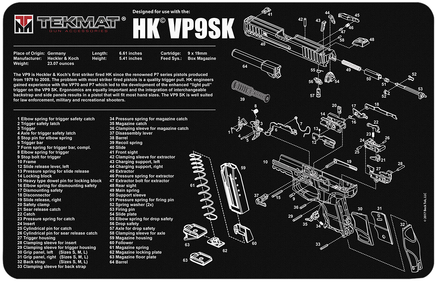 TekMat Pistol Mat For Heckler & Koch VP9SK 11"x17" Bk Microfiber TekTowel