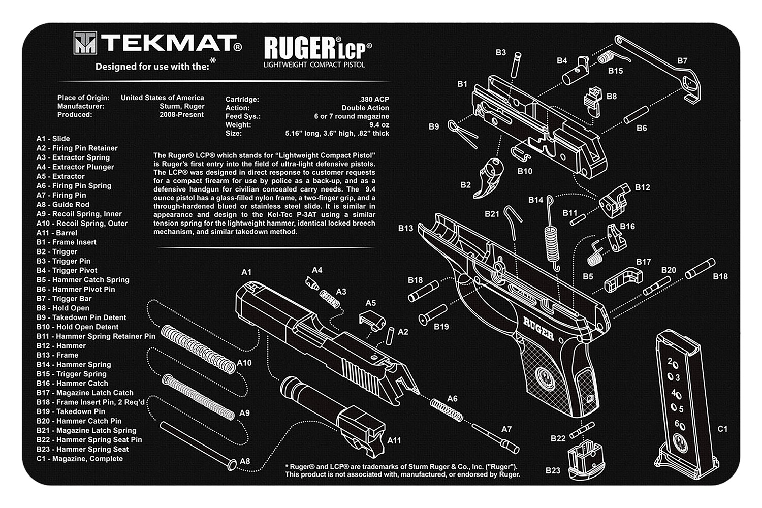 TekMat TEKR17RUGERLCP Ruger LCP Cleaning Mat Black/White Rubber 11" X 17"